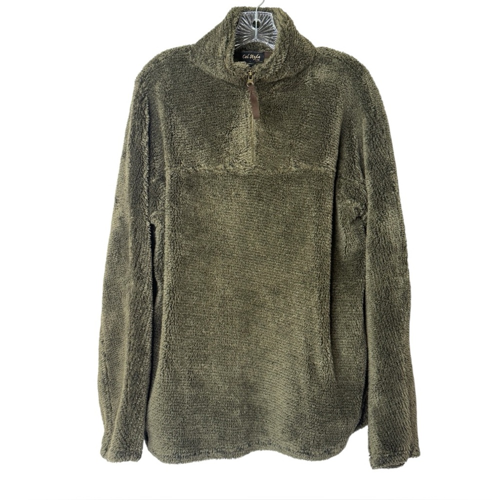 Cal Style Dark‎ Olive Green Teddy Bear 1/4 Zip Long Sleeve Pullover Men's Large